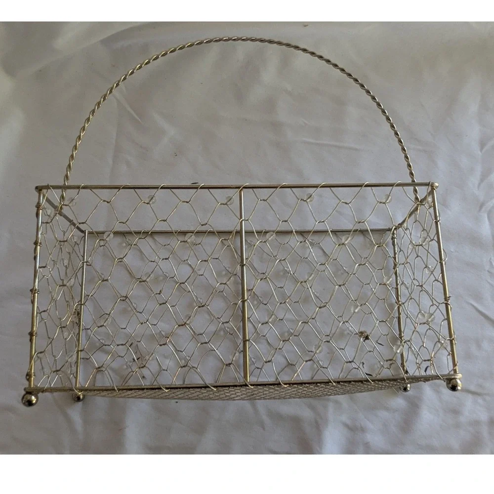 Vintage Silver Beaded Chicken Wire Basket Twisted Handle Farmhouse Caddy 12in